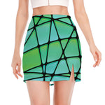 Teal Stained Glass Mosaic Print Side Slit Mini Skirt
