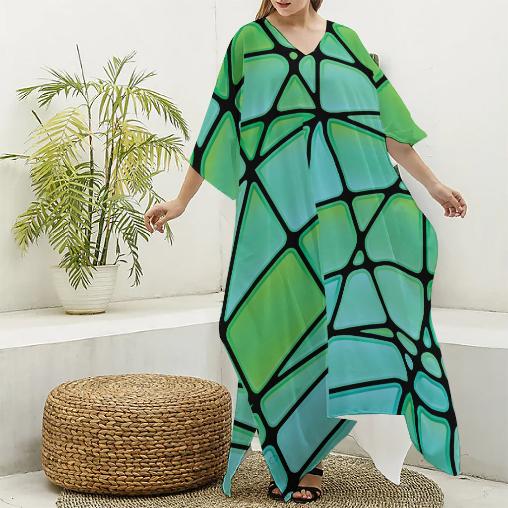 Teal Stained Glass Mosaic Print Silk V-Neck Kaftan Dress