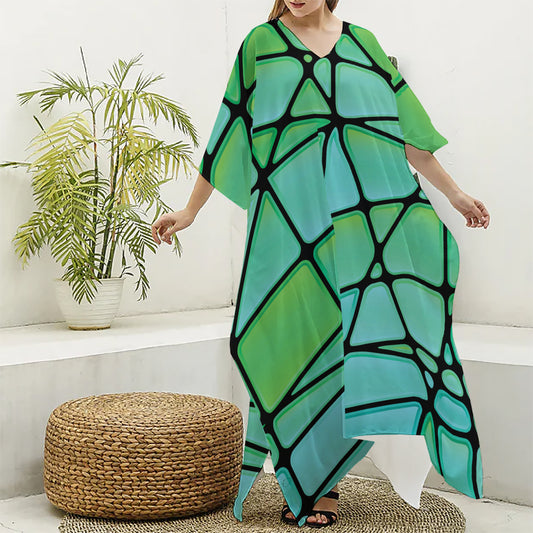 Teal Stained Glass Mosaic Print Silk V-Neck Kaftan Dress