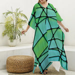 Teal Stained Glass Mosaic Print Silk V-Neck Kaftan Dress