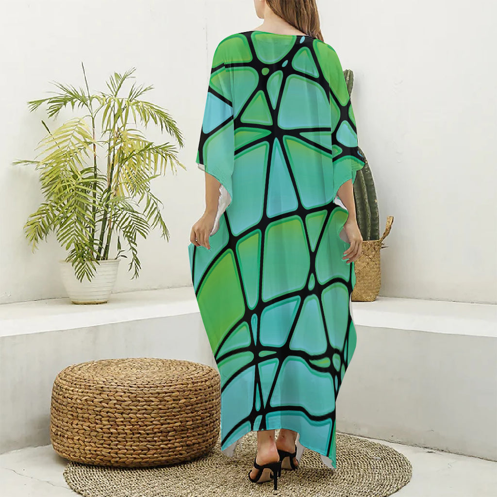 Teal Stained Glass Mosaic Print Silk V-Neck Kaftan Dress