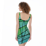 Teal Stained Glass Mosaic Print Sleeveless Bodycon Dress