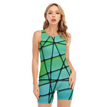 Teal Stained Glass Mosaic Print Sleeveless One Piece Swimsuit