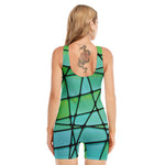 Teal Stained Glass Mosaic Print Sleeveless One Piece Swimsuit