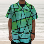 Teal Stained Glass Mosaic Print Textured Short Sleeve Shirt