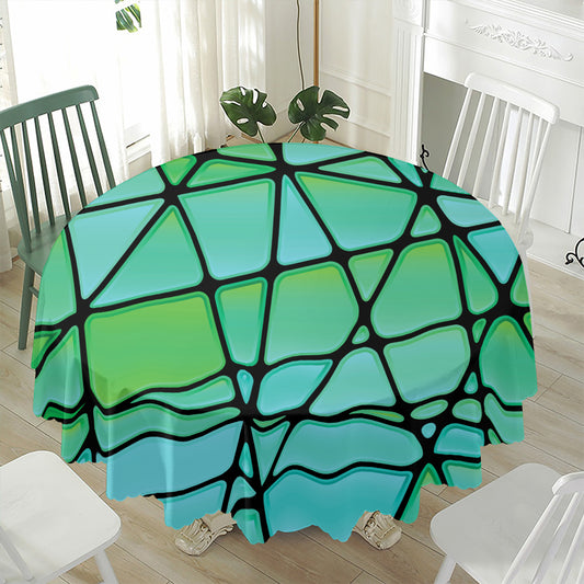 Teal Stained Glass Mosaic Print Waterproof Round Tablecloth