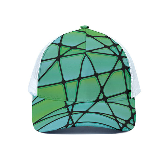 Teal Stained Glass Mosaic Print White Mesh Trucker Cap