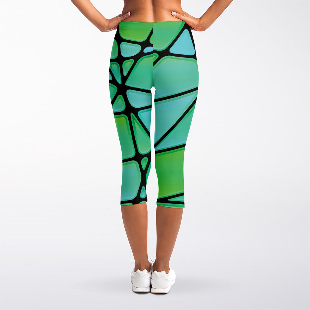 Teal Stained Glass Mosaic Print Women's Capri Leggings