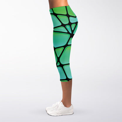 Teal Stained Glass Mosaic Print Women's Capri Leggings