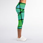 Teal Stained Glass Mosaic Print Women's Capri Leggings