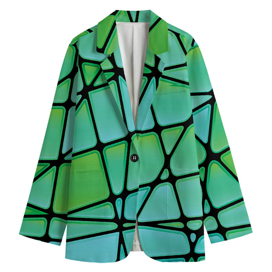 Teal Stained Glass Mosaic Print Women's Cotton Blazer