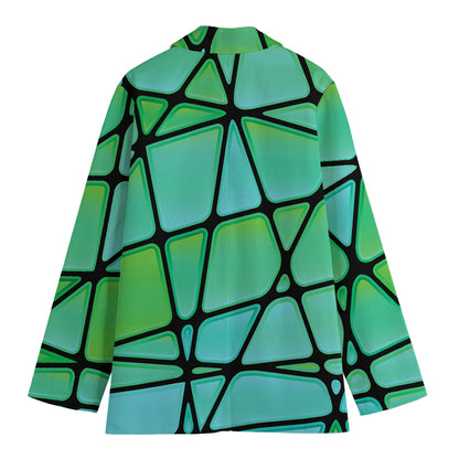 Teal Stained Glass Mosaic Print Women's Cotton Blazer