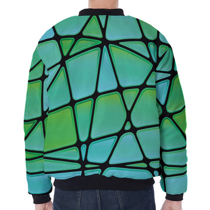 Teal Stained Glass Mosaic Print Zip Sleeve Bomber Jacket