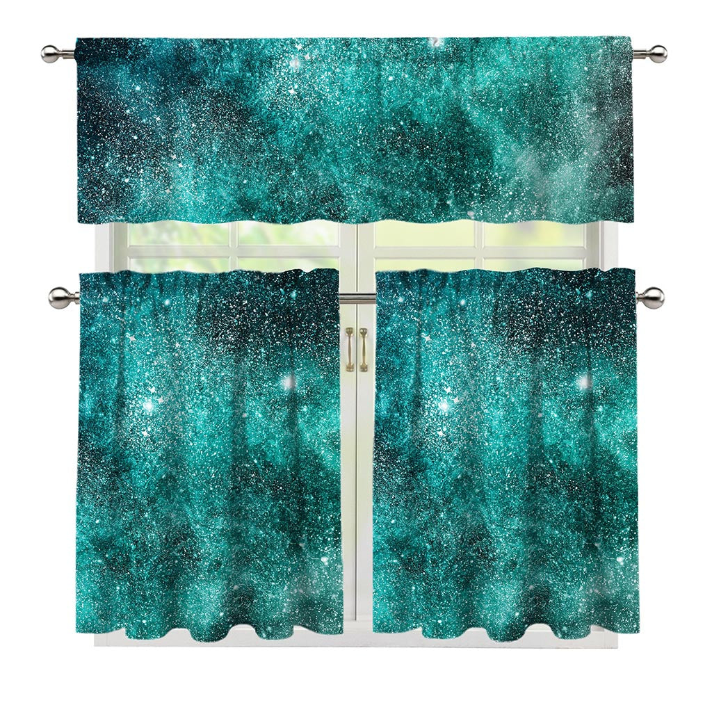 Teal Stardust Galaxy Space Print 3 Piece Kitchen Curtains