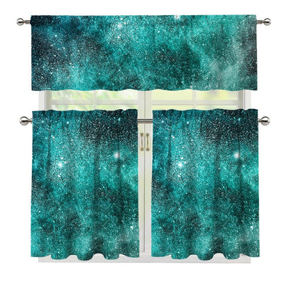 Teal Stardust Galaxy Space Print 3 Piece Kitchen Curtains