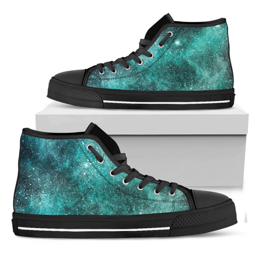 Teal Stardust Galaxy Space Print Black High Top Sneakers