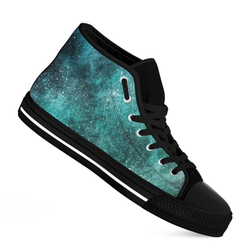 Teal Stardust Galaxy Space Print Black High Top Sneakers