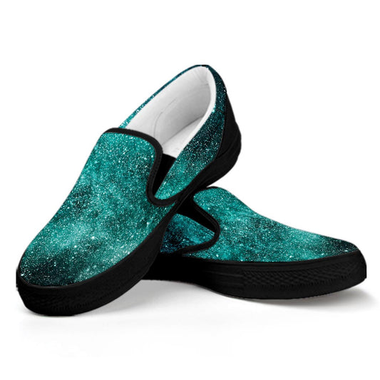 Teal Stardust Galaxy Space Print Black Slip On Sneakers