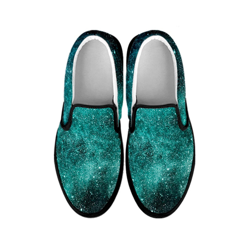 Teal Stardust Galaxy Space Print Black Slip On Sneakers
