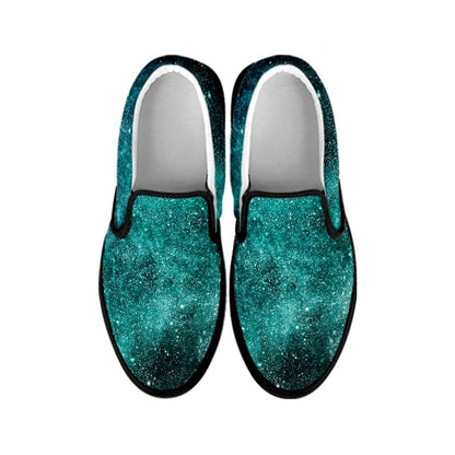 Teal Stardust Galaxy Space Print Black Slip On Sneakers