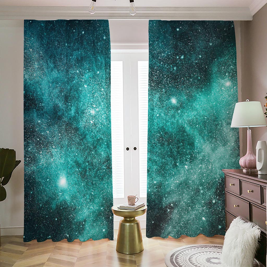 Teal Stardust Galaxy Space Print Blackout Pencil Pleat Curtains