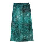 Teal Stardust Galaxy Space Print Cotton Front Slit Maxi Skirt