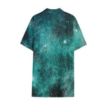 Teal Stardust Galaxy Space Print Cotton Hawaiian Shirt