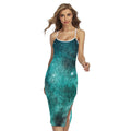 Teal Stardust Galaxy Space Print Cross Back Cami Dress