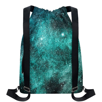 Teal Stardust Galaxy Space Print Drawstring Backpack