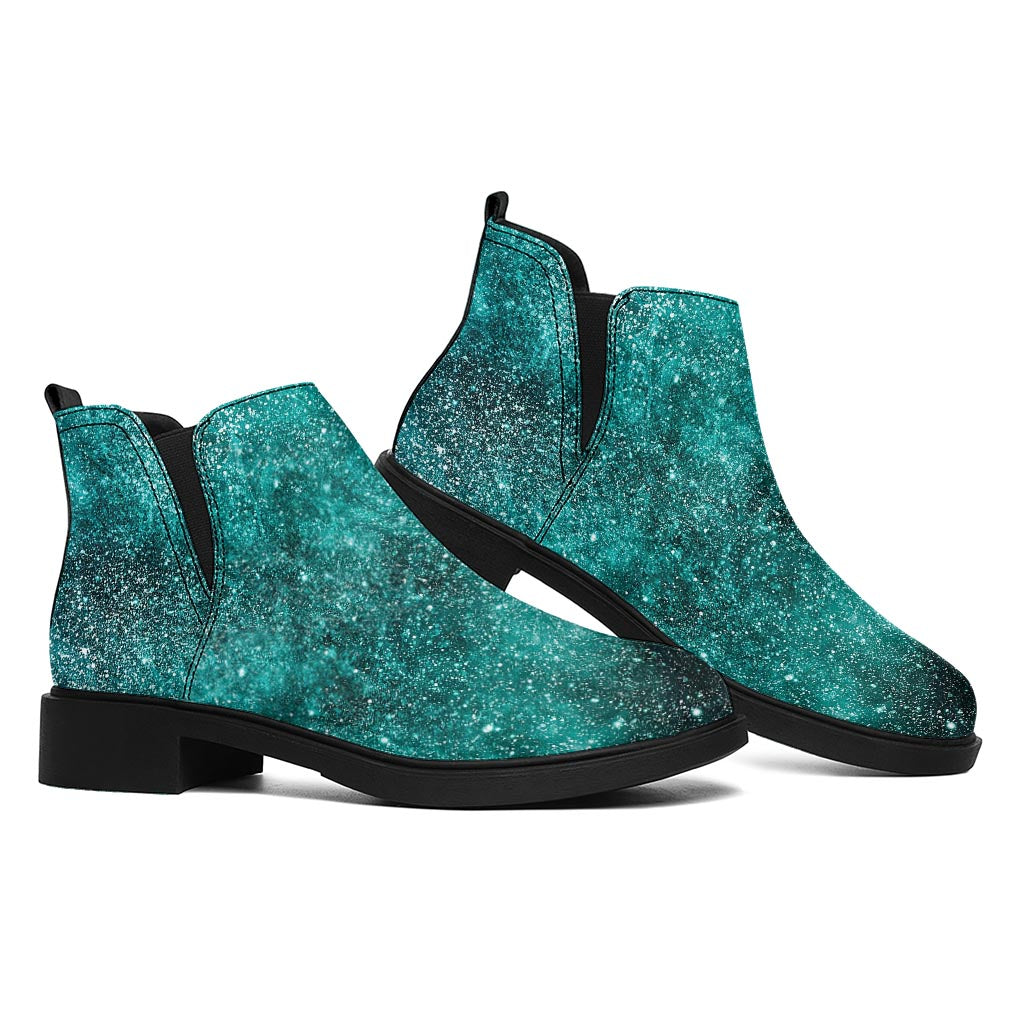 Teal Stardust Galaxy Space Print Flat Ankle Boots
