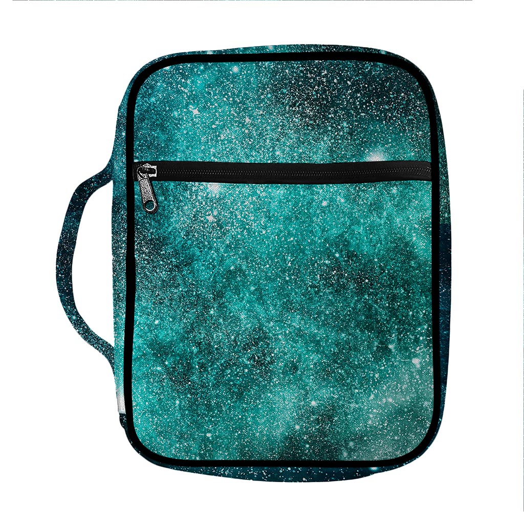 Teal Stardust Galaxy Space Print Front Pocket Bible Bag