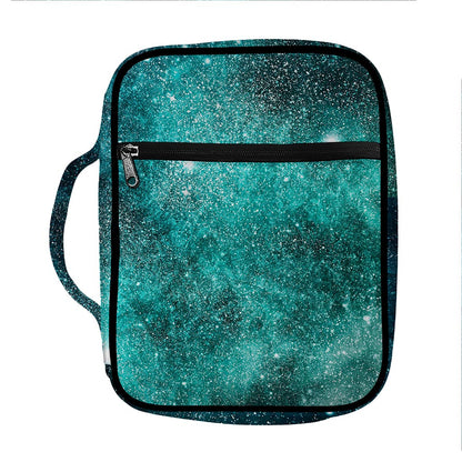 Teal Stardust Galaxy Space Print Front Pocket Bible Bag