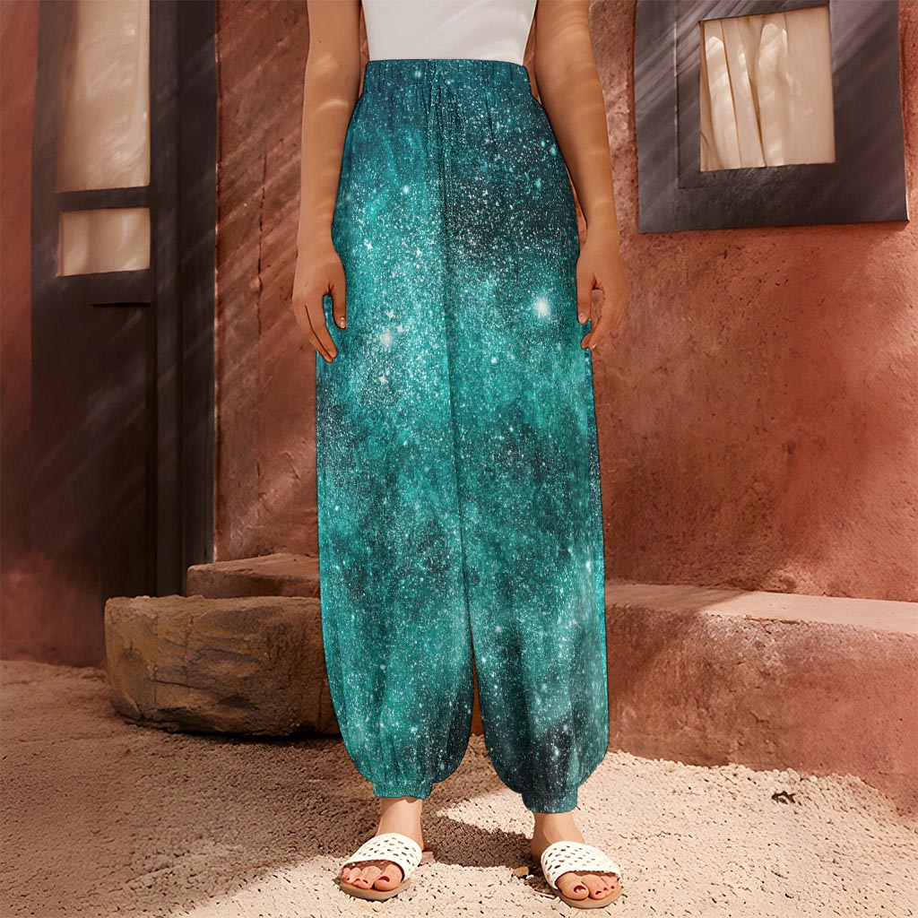 Teal Stardust Galaxy Space Print Harem Pants