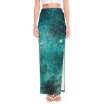 Teal Stardust Galaxy Space Print High Slit Maxi Skirt