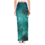 Teal Stardust Galaxy Space Print High Slit Maxi Skirt