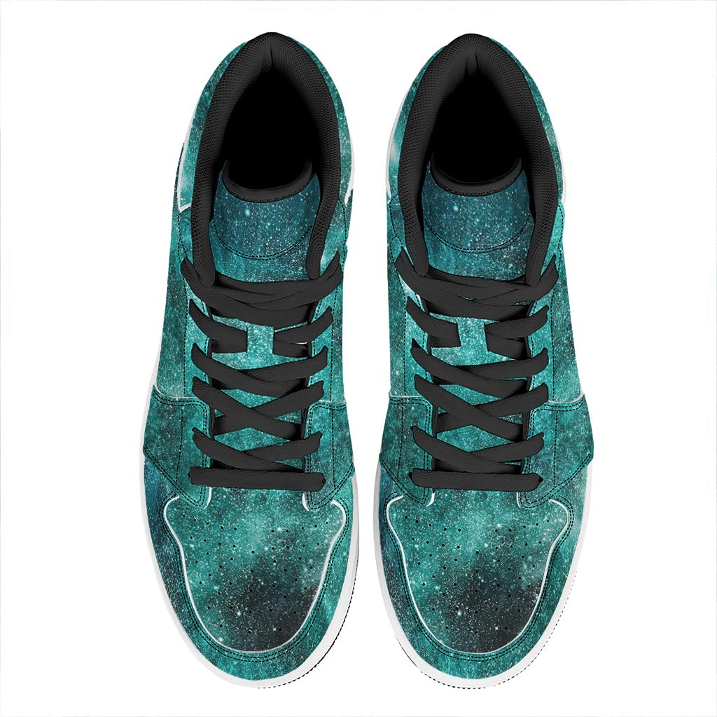 Teal Stardust Galaxy Space Print High Top Leather Sneakers