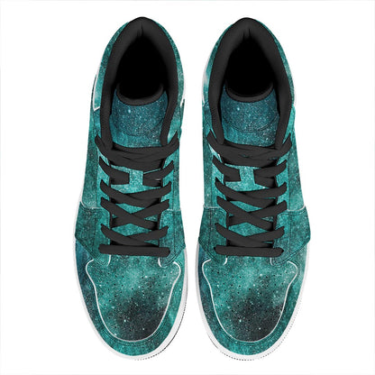 Teal Stardust Galaxy Space Print High Top Leather Sneakers