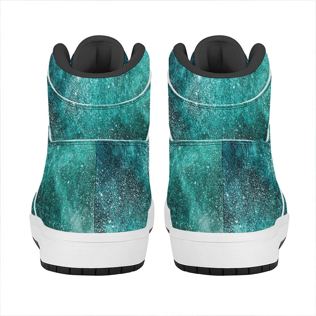 Teal Stardust Galaxy Space Print High Top Leather Sneakers