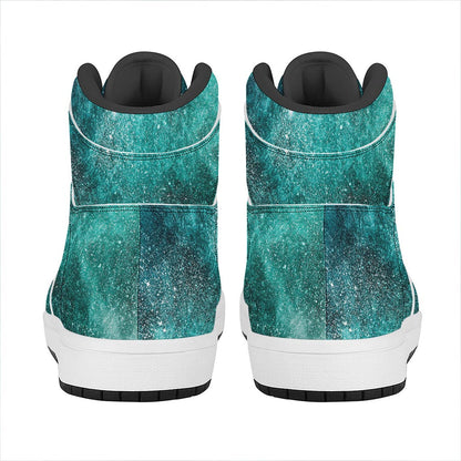 Teal Stardust Galaxy Space Print High Top Leather Sneakers