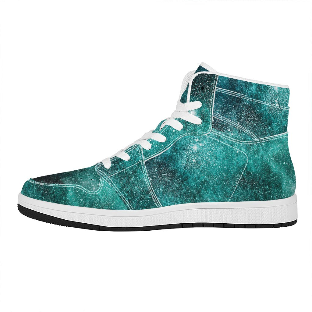 Teal Stardust Galaxy Space Print High Top Leather Sneakers