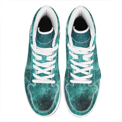 Teal Stardust Galaxy Space Print High Top Leather Sneakers