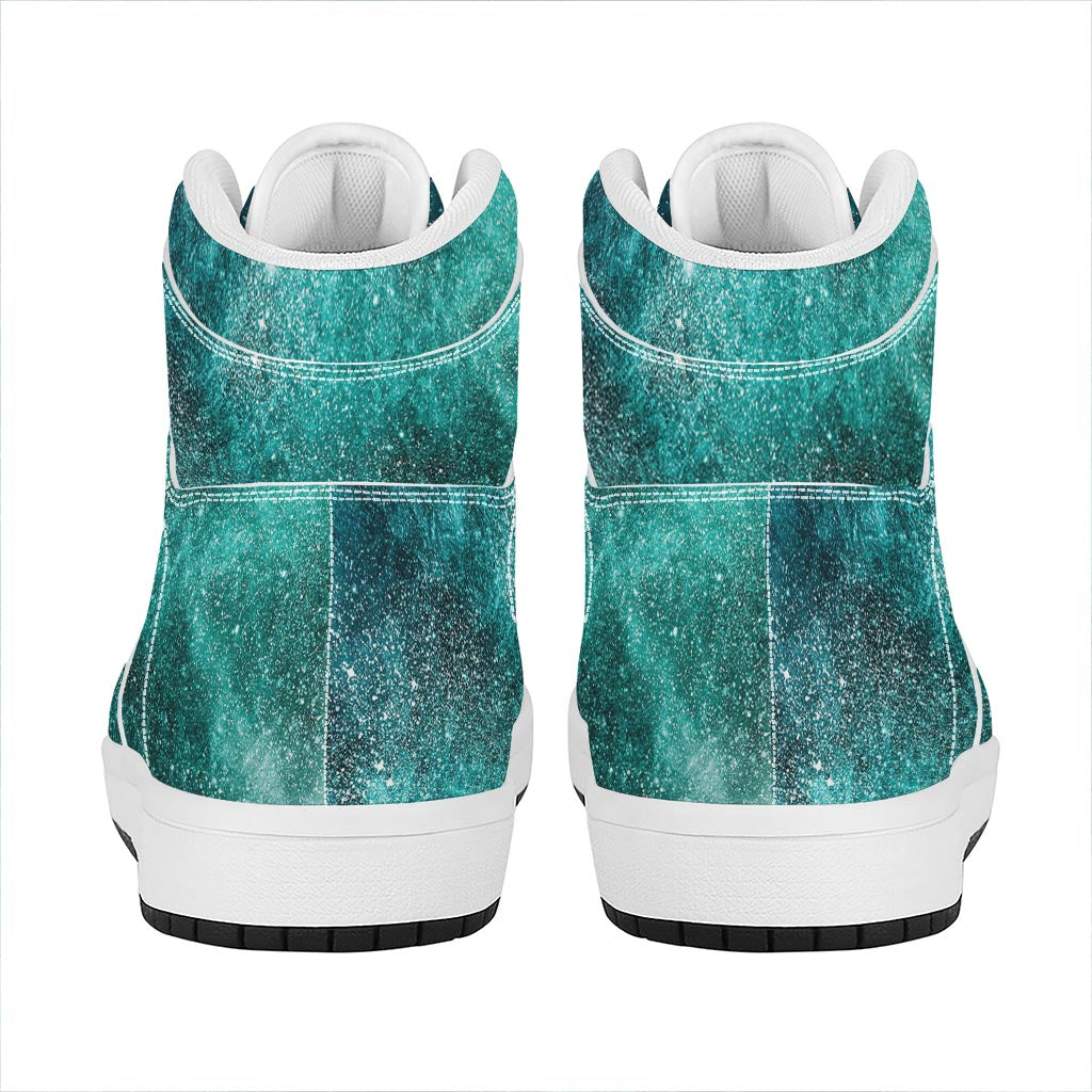 Teal Stardust Galaxy Space Print High Top Leather Sneakers