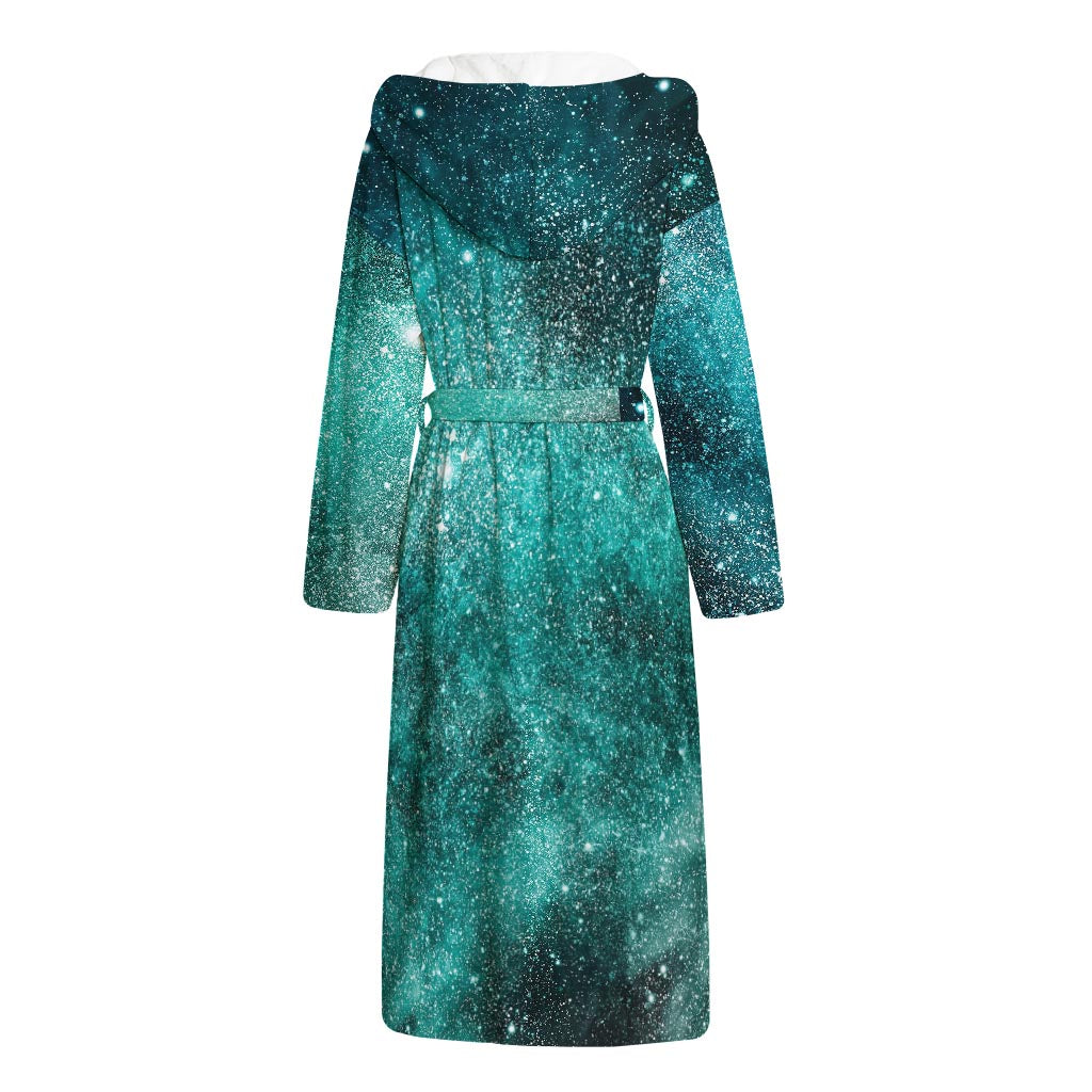Teal Stardust Galaxy Space Print Hooded Bathrobe