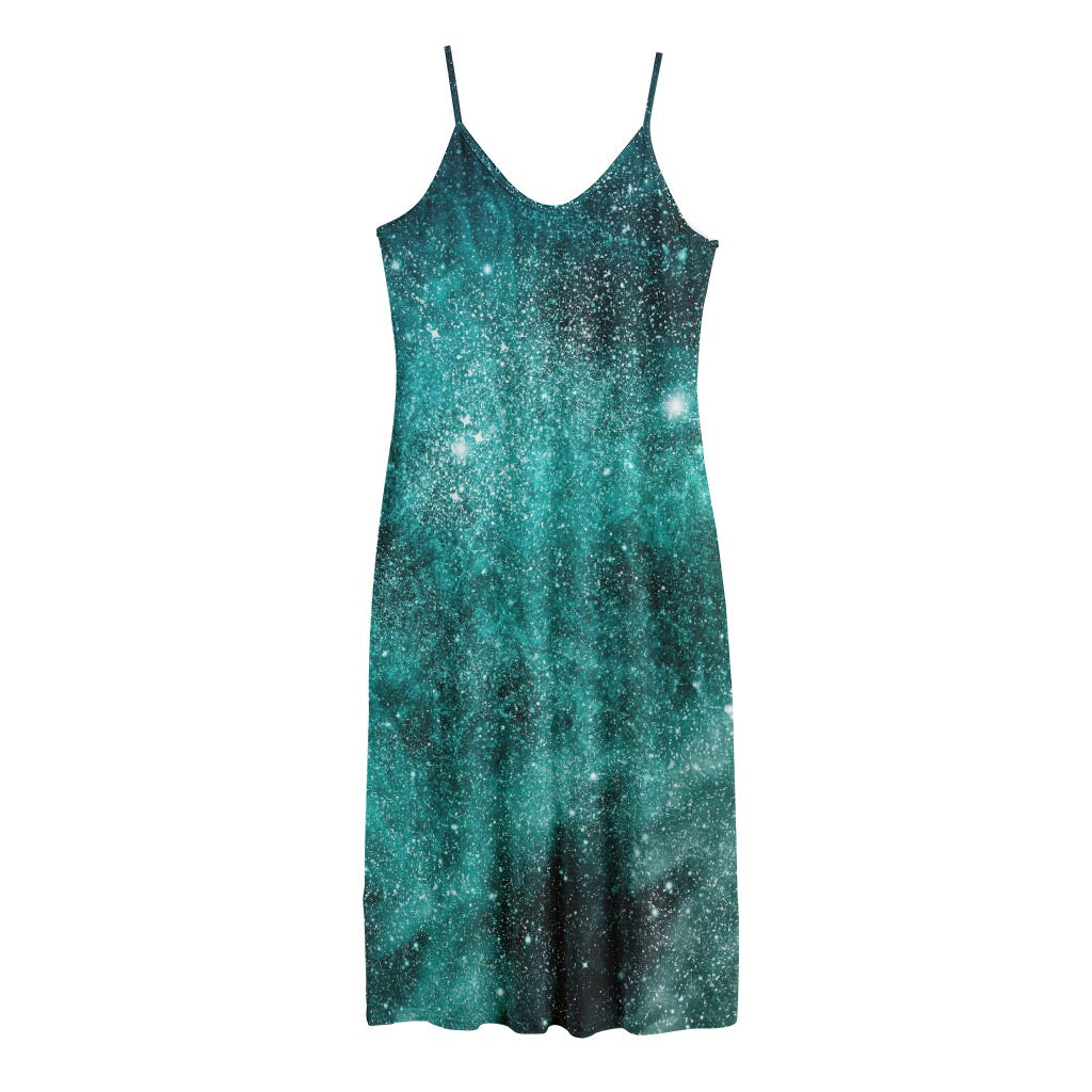 Teal Stardust Galaxy Space Print Jersey Midi Cami Dress