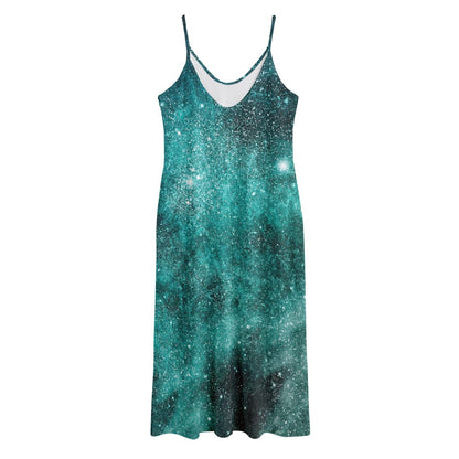 Teal Stardust Galaxy Space Print Jersey Midi Cami Dress