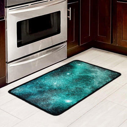 Teal Stardust Galaxy Space Print Kitchen Mat