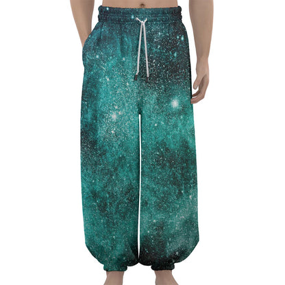 Teal Stardust Galaxy Space Print Lantern Pants