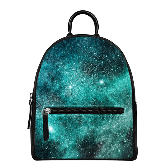 Teal Stardust Galaxy Space Print Leather Backpack