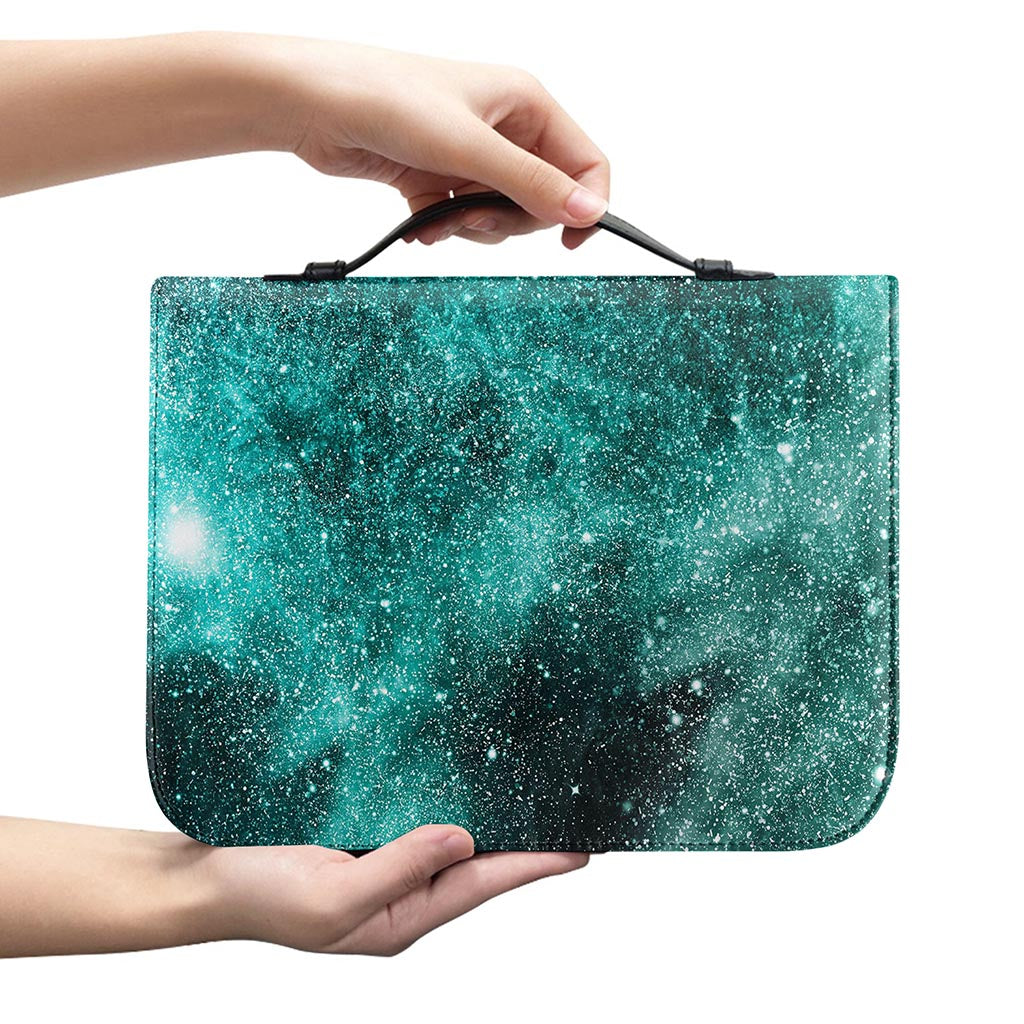 Teal Stardust Galaxy Space Print Leather Bible Cover