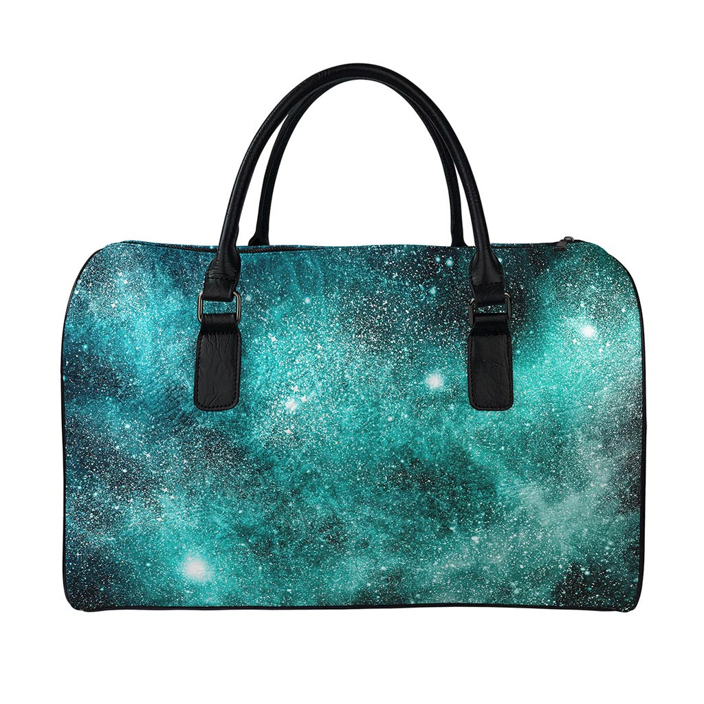 Teal Stardust Galaxy Space Print Leather Duffle Bag